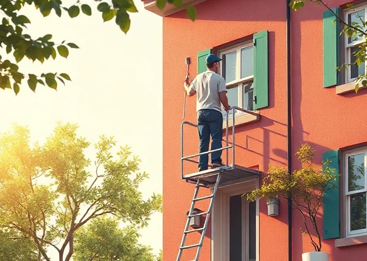 Peintre sur échafaudage traitant la façade d'une maison