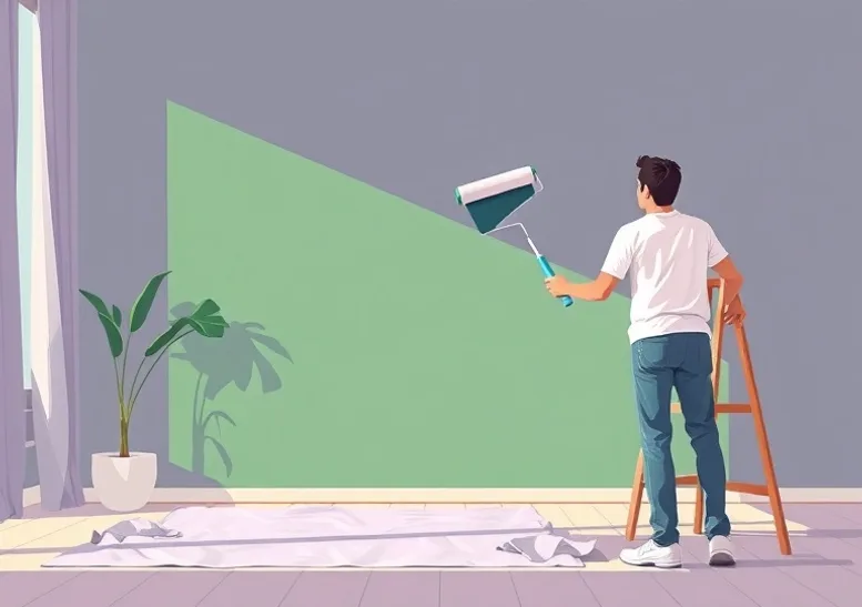 Peintre appliquant la peinture au rouleau sur un mur de salon
